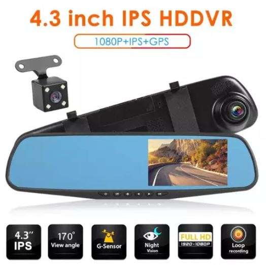 FHD 1080P Dash Cam 4.3 Inch Rearview Mirror Video Recorder With Rear View Camera Camcorder