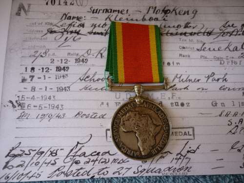 AFRICA SERVICE MEDAL - K MOFOKENG - COOK WITH 28 & 27 SQUADRONS SAAF - SERVED AFRICA AND ITALY
