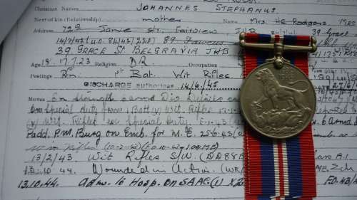 CPL J LE ROUX WITS RIFLES/DE LA REY.WAR MEDAL ONLY- WOUNDED-SHRAPNEL-ITALY 13/10/44-SEE DESCRIPTION