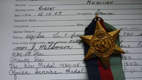 1939/45 STAR TO PETTY OFFICER R MILBOURN-SEAWARD DEF FORCE-SERVED HMSAS NERINE- SEE DESCRIPTION