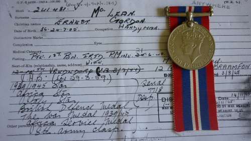 EC MCLEAN-SERVED SA IRISH 4/4/40-25/8/42,RNC-FROM 25/8/42-WAR MEDAL ONLY-SEE DESCRIPTION