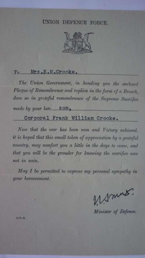 DEATH PLAQUE NAME PLATE @ONLY@ AND CONDOLENCE LETTER CPL FW CROOKE GSC PREV SERVICE SA ARTILLERY