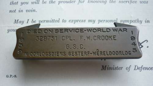 DEATH PLAQUE NAME PLATE @ONLY@ AND CONDOLENCE LETTER CPL FW CROOKE GSC PREV SERVICE SA ARTILLERY