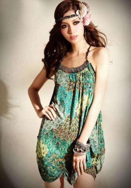 GORGEOUS Green Long BOHO Halter Dress Small Medium  **FREE SHIPPING**