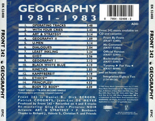 Front 242 - Geography - 1981-1983 - EPIC Records - 1992 SONY MUSIC - EK 53408 Excellent***