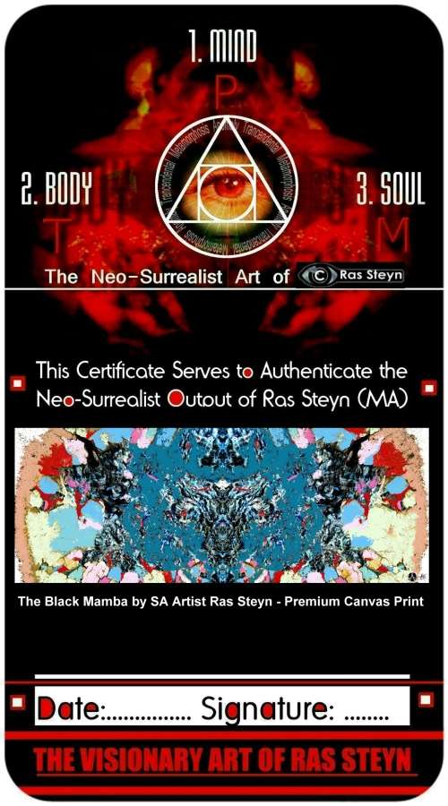 Original Abstract: Blue Mamba by SA Surrealist Artist Ras Steyn [MFA] - SINGLE CERTIFIED EDITION 1/1
