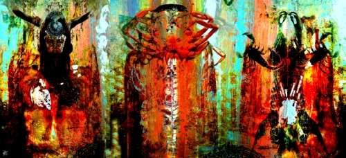 DEADY DECORUM SERIES - Title:  Afrozentrix Trio: The Tribal Council - LARGE MOUNTED CANVAS *****