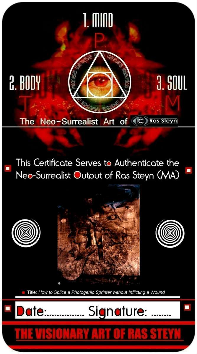 Single Edition Surrealist Print `How to Splice a Sprinter` by Ras Steyn (MA) - Mounted Matte Canvas