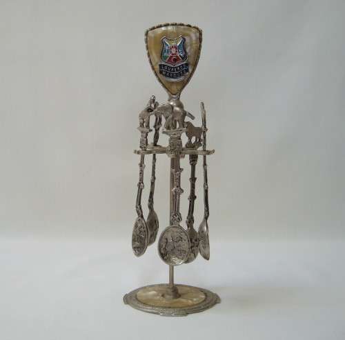 VINTAGE LOURENCO MARQUES SOUVENIR STAND & FIVE SPELTRE SPOONS SET