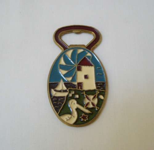 VINTAGE GREEK CHAMPLEVE ENAMELED BRONZE BOTTLE OPENER