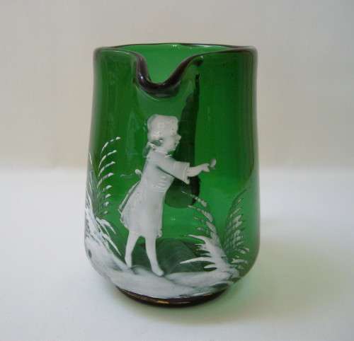 ANTIQUE VICTORIAN MARY GREGORY GREEN GLASS MILK JUG c1870-1900