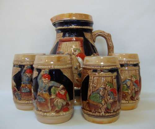 VINTAGE JAPANESE GERMAN-STYLE TAVERN JUG & SIX TUMBLERS c1960's