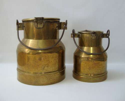 TWO VINTAGE BRASS ORNAMENTAL MINIATURE MILK CANS