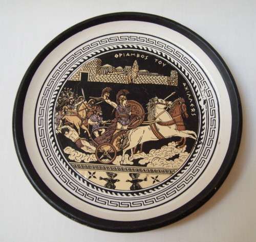 SELECTION OF FOUR VINTAGE HAND-PAINTED GREEK SOUVENIR TERRACOTTA VASES & PLATE