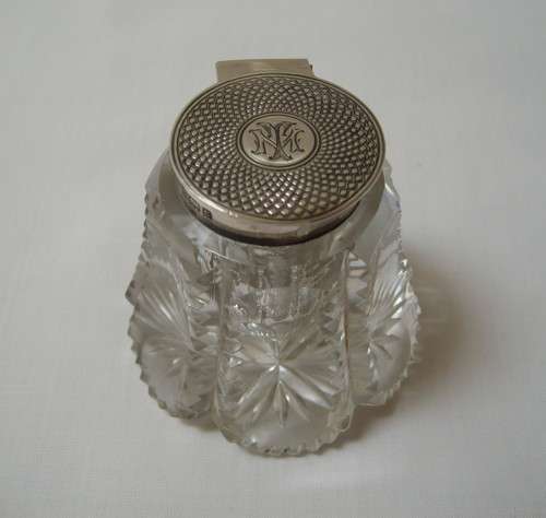ANTIQUE EDWARDIAN BIRMINGHAM STERLING SILVER & CUT-GLASS INKWELL c1902-03