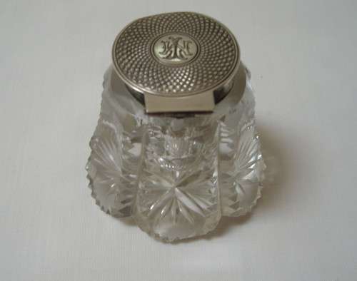 ANTIQUE EDWARDIAN BIRMINGHAM STERLING SILVER & CUT-GLASS INKWELL c1902-03