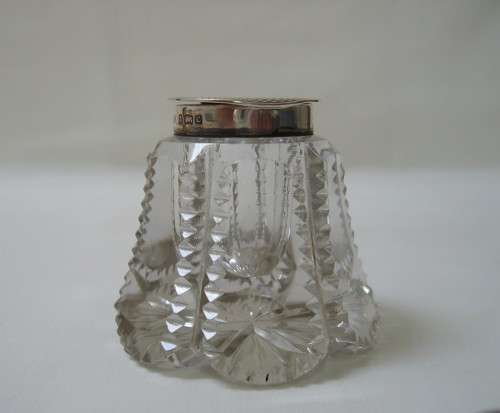 ANTIQUE EDWARDIAN BIRMINGHAM STERLING SILVER & CUT-GLASS INKWELL c1902-03