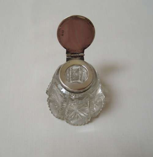 ANTIQUE EDWARDIAN BIRMINGHAM STERLING SILVER & CUT-GLASS INKWELL c1902-03