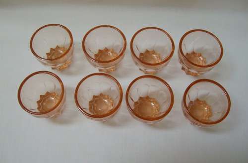 EIGHT VINTAGE FRENCH 'LA VIE BOHEME' PINK GLASS ABSINTHE GLASSES