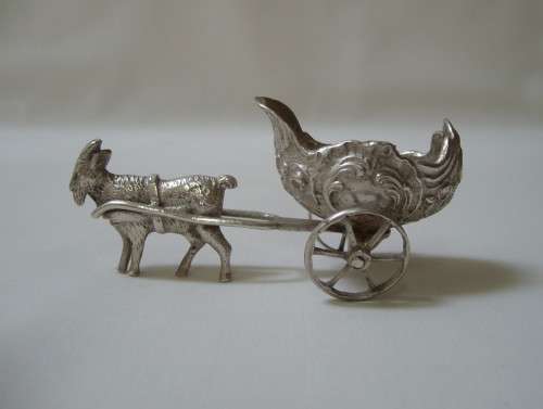 ANTIQUE GERMAN HANAU PSEUDO-HALLMARKED SILVER MINIATURE GOAT & CARRIAGE OBJET DE VERTU c1911+