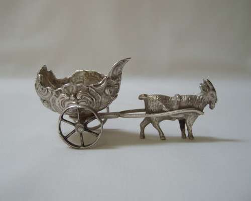 ANTIQUE GERMAN HANAU PSEUDO-HALLMARKED SILVER MINIATURE GOAT & CARRIAGE OBJET DE VERTU c1911+