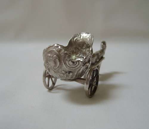 ANTIQUE GERMAN HANAU PSEUDO-HALLMARKED SILVER MINIATURE GOAT & CARRIAGE OBJET DE VERTU c1911+