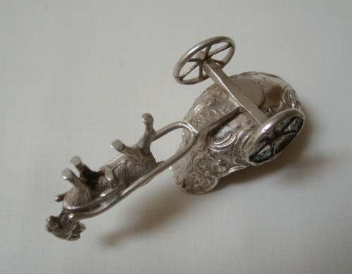 ANTIQUE GERMAN HANAU PSEUDO-HALLMARKED SILVER MINIATURE GOAT & CARRIAGE OBJET DE VERTU c1911+