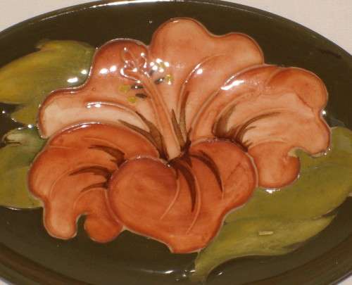 VINTAGE WALTER MOORCROFT CORAL HIBISCUS OVAL PIN DISH