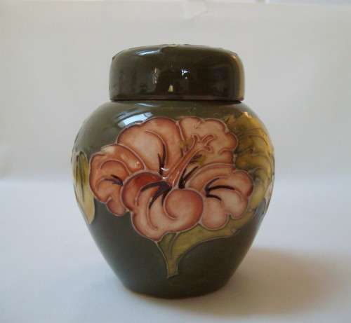 VINTAGE WALTER MOORCROFT CORAL HIBISCUS GINGER JAR & COVER