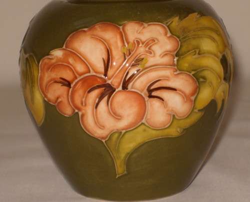 VINTAGE WALTER MOORCROFT CORAL HIBISCUS GINGER JAR & COVER