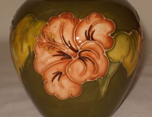 VINTAGE WALTER MOORCROFT CORAL HIBISCUS GINGER JAR & COVER