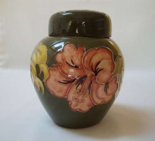 VINTAGE WALTER MOORCROFT CORAL HIBISCUS GINGER JAR & COVER