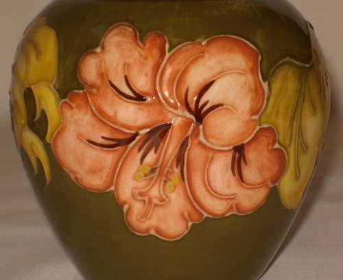 VINTAGE WALTER MOORCROFT CORAL HIBISCUS GINGER JAR & COVER