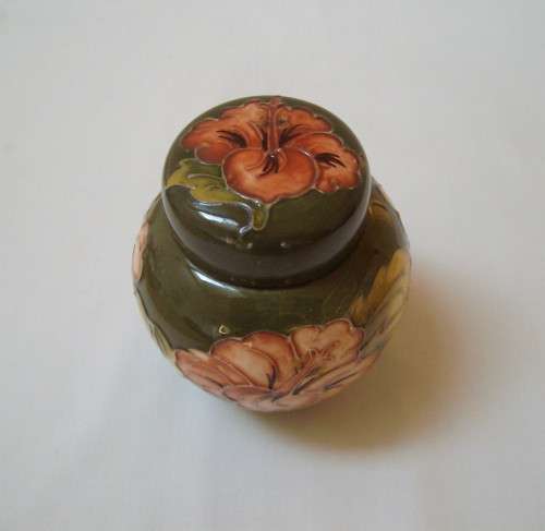 VINTAGE WALTER MOORCROFT CORAL HIBISCUS GINGER JAR & COVER