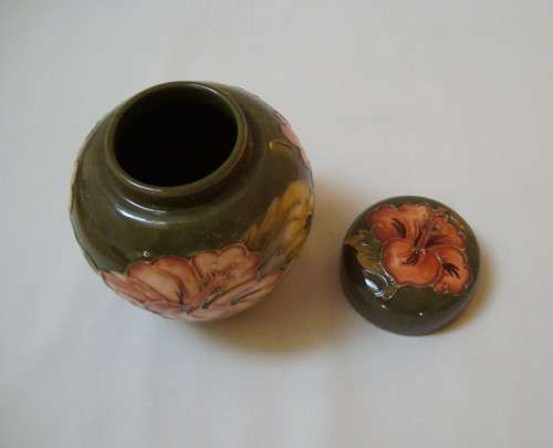 VINTAGE WALTER MOORCROFT CORAL HIBISCUS GINGER JAR & COVER