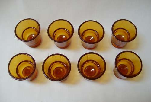 SET OF EIGHT VINTAGE FRENCH DURALEX AMBER GLASS EGG-CUPS