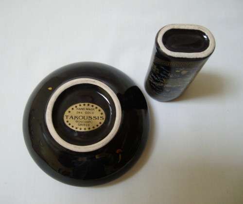 VINTAGE GREEK TAKOUSSIS 'CYPRUS ~ THE ISLAND OF VENUS' SOUVENIR ASHTRAY & LIGHTER HOLDER