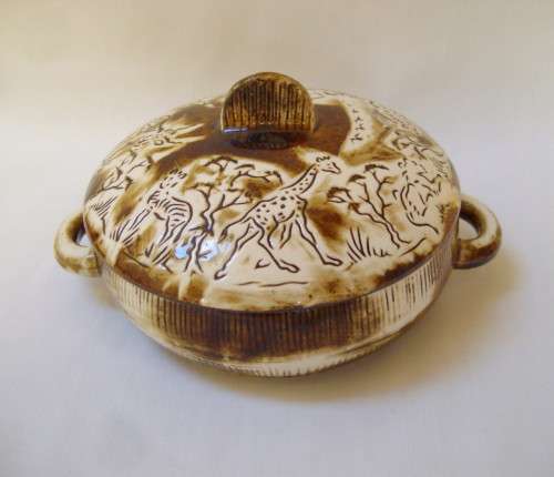 VINTAGE CRESCENT WARE No: 968 KRUGER PARK SOUVENIR BOWL & COVER c1950's