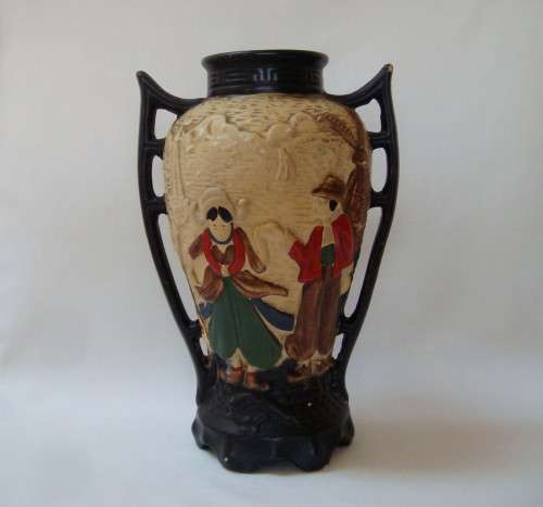 VINTAGE CYPLES OLD POTTERY EMBOSA WARE DUTCH CHINOISERIE 22cm VASE c1928 ~ General Wear & Tear!