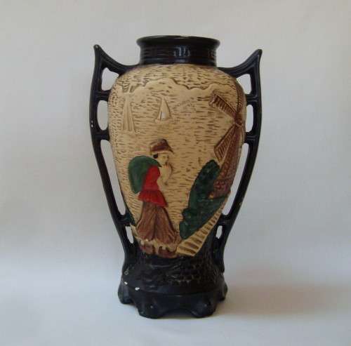 VINTAGE CYPLES OLD POTTERY EMBOSA WARE DUTCH CHINOISERIE 22cm VASE c1928 ~ General Wear & Tear!