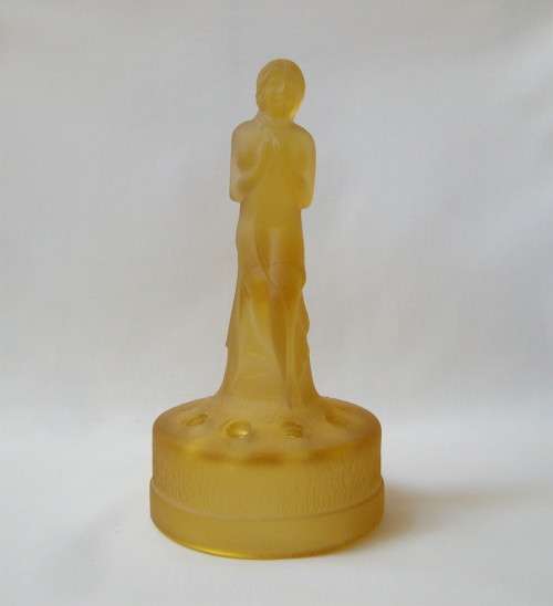 ART DECO AMBER SATIN GLASS LADY ON STUMP FLOWER FROG CENTREPIECE