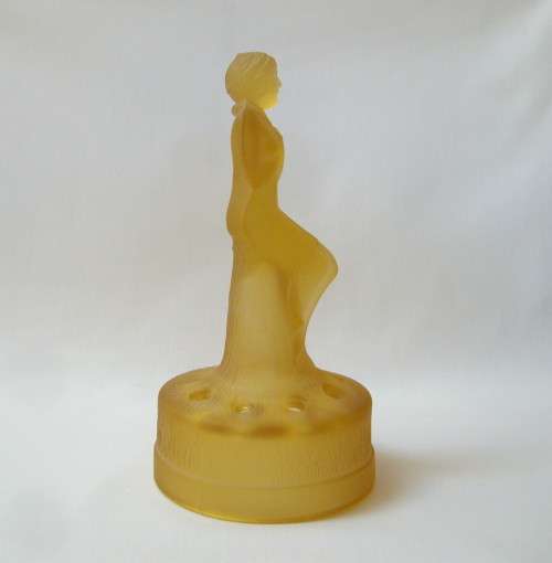 ART DECO AMBER SATIN GLASS LADY ON STUMP FLOWER FROG CENTREPIECE