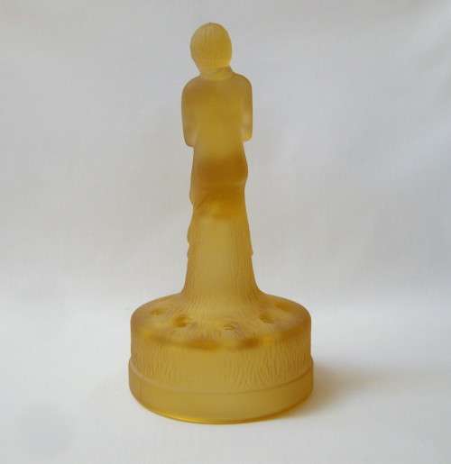 ART DECO AMBER SATIN GLASS LADY ON STUMP FLOWER FROG CENTREPIECE
