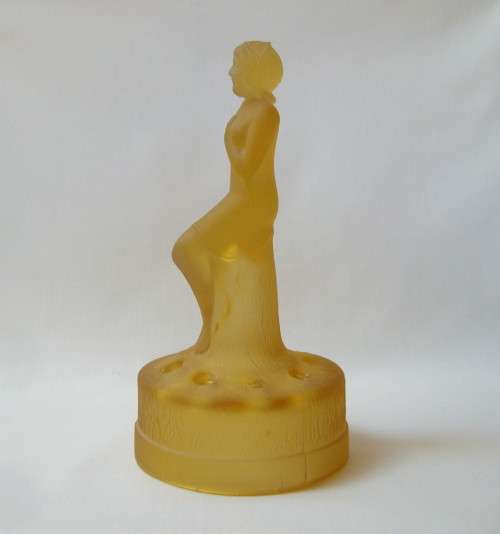 ART DECO AMBER SATIN GLASS LADY ON STUMP FLOWER FROG CENTREPIECE
