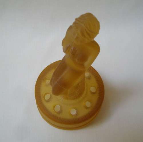 ART DECO AMBER SATIN GLASS LADY ON STUMP FLOWER FROG CENTREPIECE