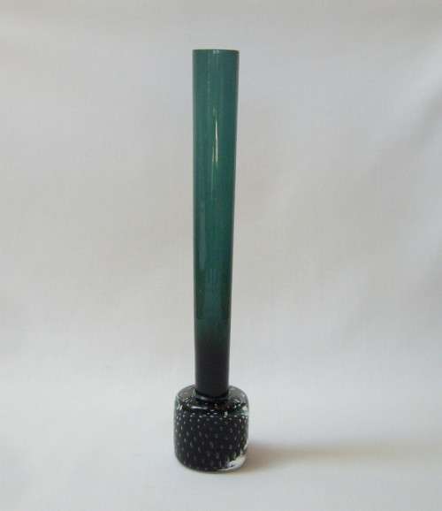 VINTAGE TEAL GREEN GLASS CONTROLLED BUBBLE PAPERWEIGHT STEM VASE