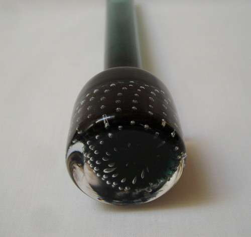 VINTAGE TEAL GREEN GLASS CONTROLLED BUBBLE PAPERWEIGHT STEM VASE