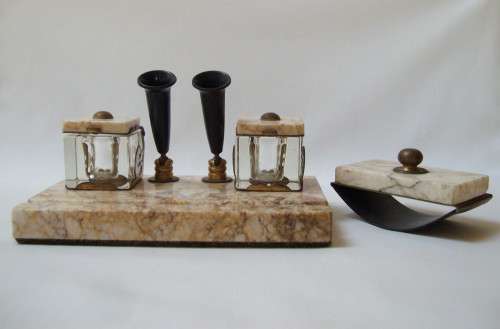 VINTAGE MARBLE DESK SET WITH TWO INK WELLS, PEN HOLDERS  & BLOTTER