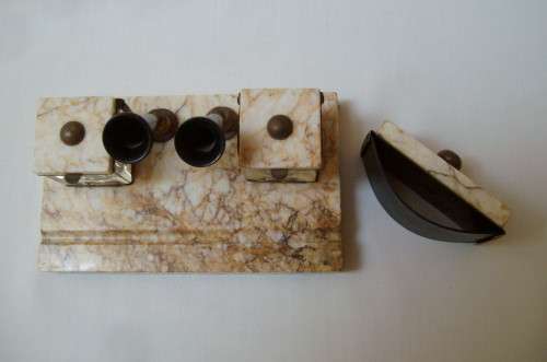 VINTAGE MARBLE DESK SET WITH TWO INK WELLS, PEN HOLDERS  & BLOTTER