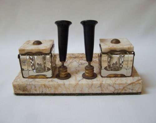 VINTAGE MARBLE DESK SET WITH TWO INK WELLS, PEN HOLDERS  & BLOTTER